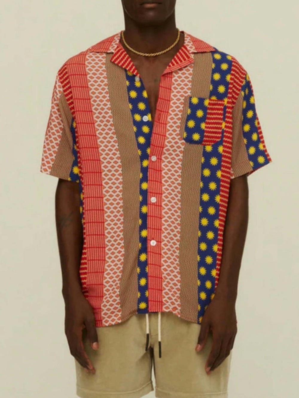OAS Mixtape Viscose Shirt in a vibrant red and blue multicolor patchwork Sz XXL